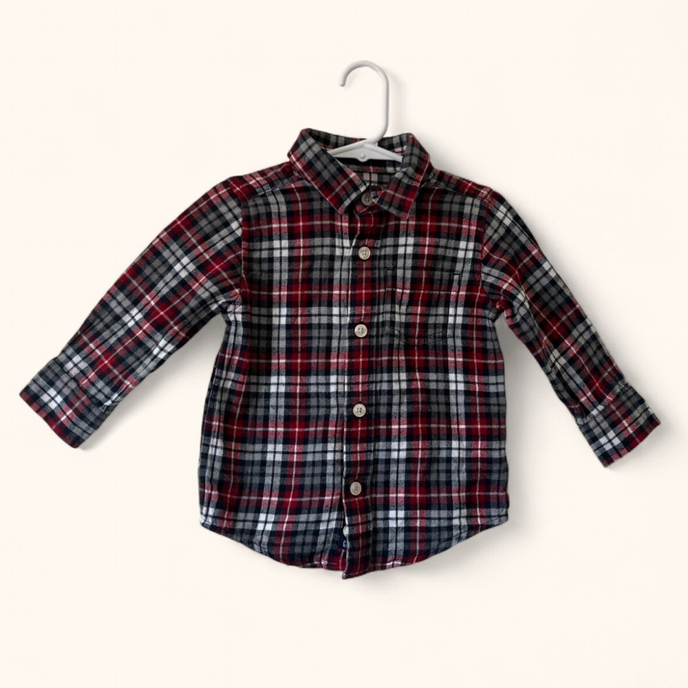 18-24M Boys Baby Gap Flannel Tartan Plaid Button Up Collared Polo Lumberjack